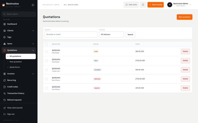 NexInvoice quotations list in admin with accept and decline statuses