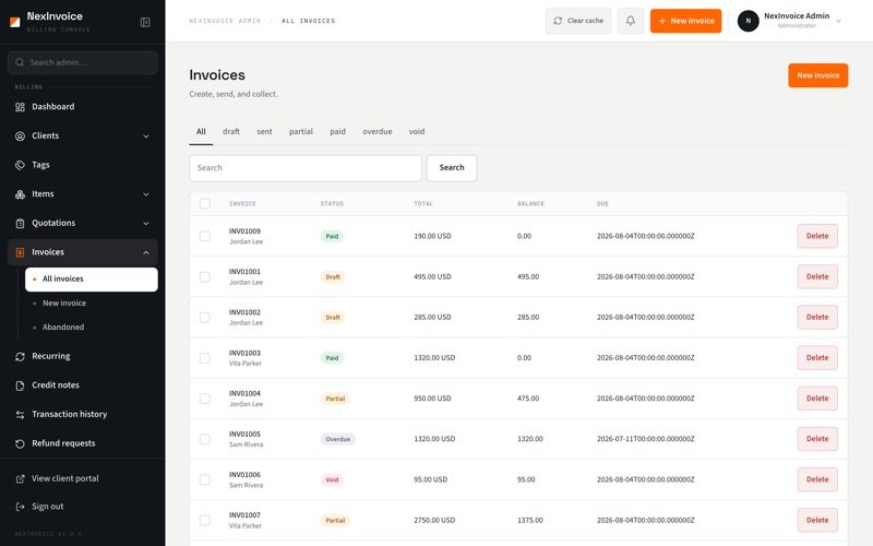 NexInvoice admin invoices list with payment statuses and open balances