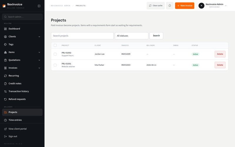NexInvoice admin projects list with waiting, active, and completed statuses