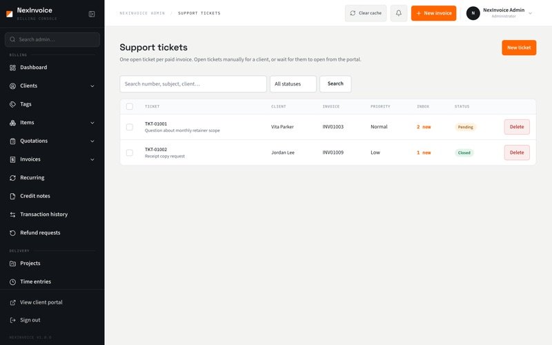 NexInvoice support tickets in admin with reply threads