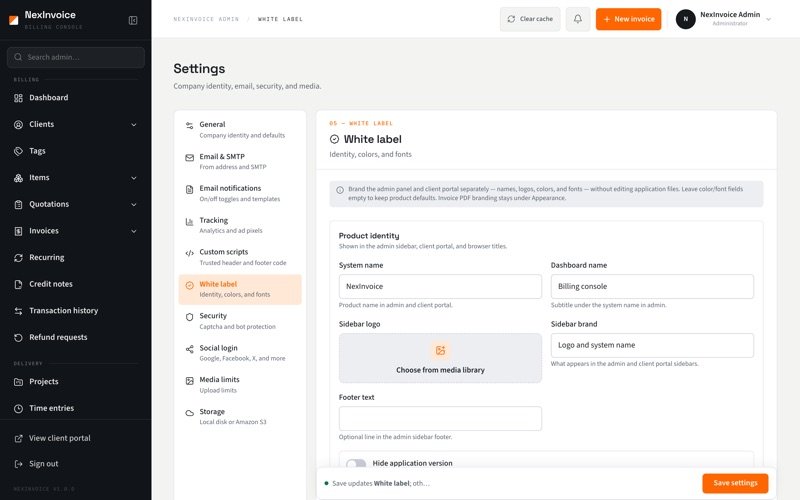 NexInvoice white-label branding settings