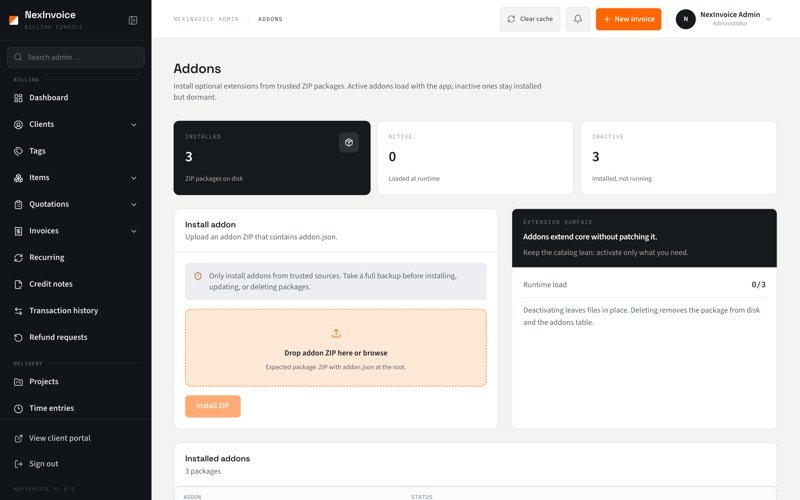 NexInvoice addons manager for payment gateway ZIP installs