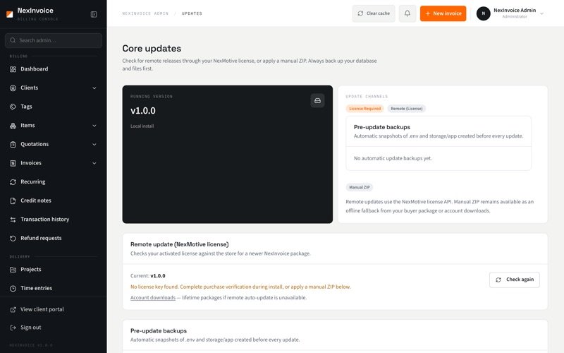 NexInvoice updates screen for uploading script ZIP packages
