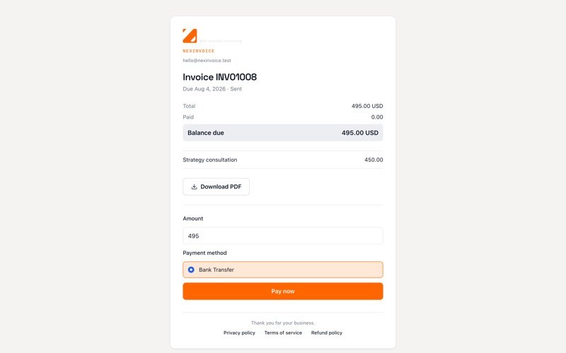 NexInvoice public pay page with branded company identity and pay CTA
