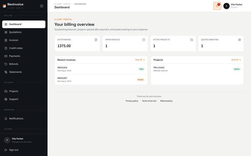 NexInvoice client portal dashboard with open invoice balances