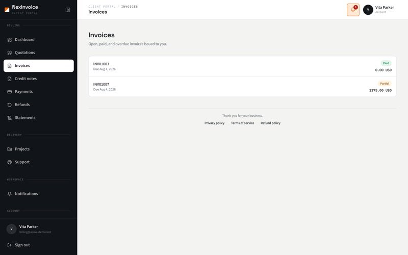 NexInvoice client portal invoices list where customers can pay online