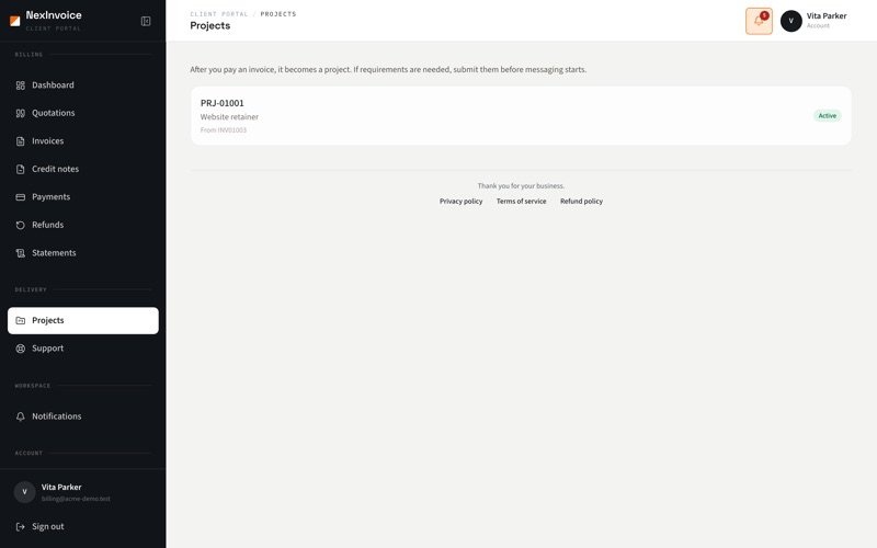 NexInvoice client portal projects after invoice payment