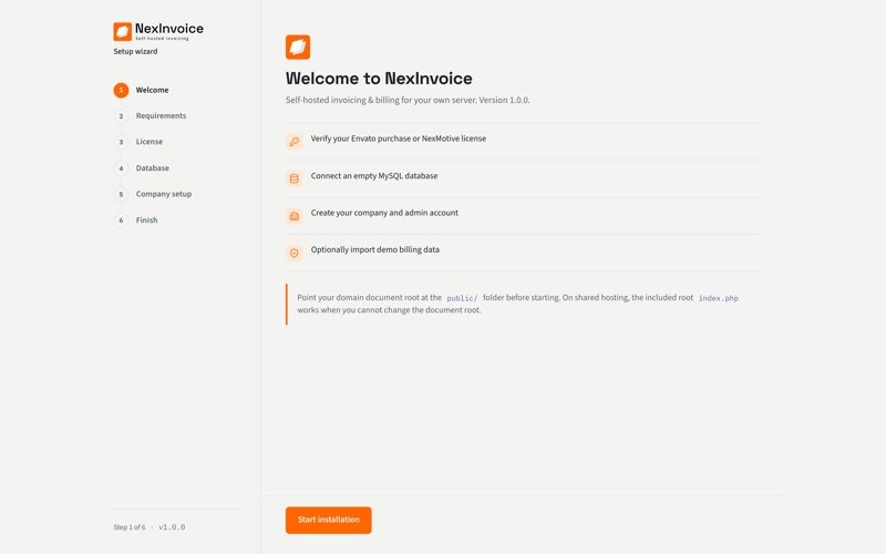 NexInvoice web installer welcome screen for PHP hosting setup